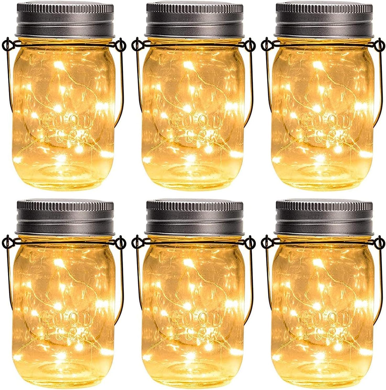 Photo 1 of GIGALUMI Hanging Mason Jar Solar Lights, 6 Pack 30 Led Hanging Solar Lanterns Outdoor Waterproof, Hangers and Jars Included, Outdoor Decor for Balcony, Garden, Patio, Yard, Wedding
