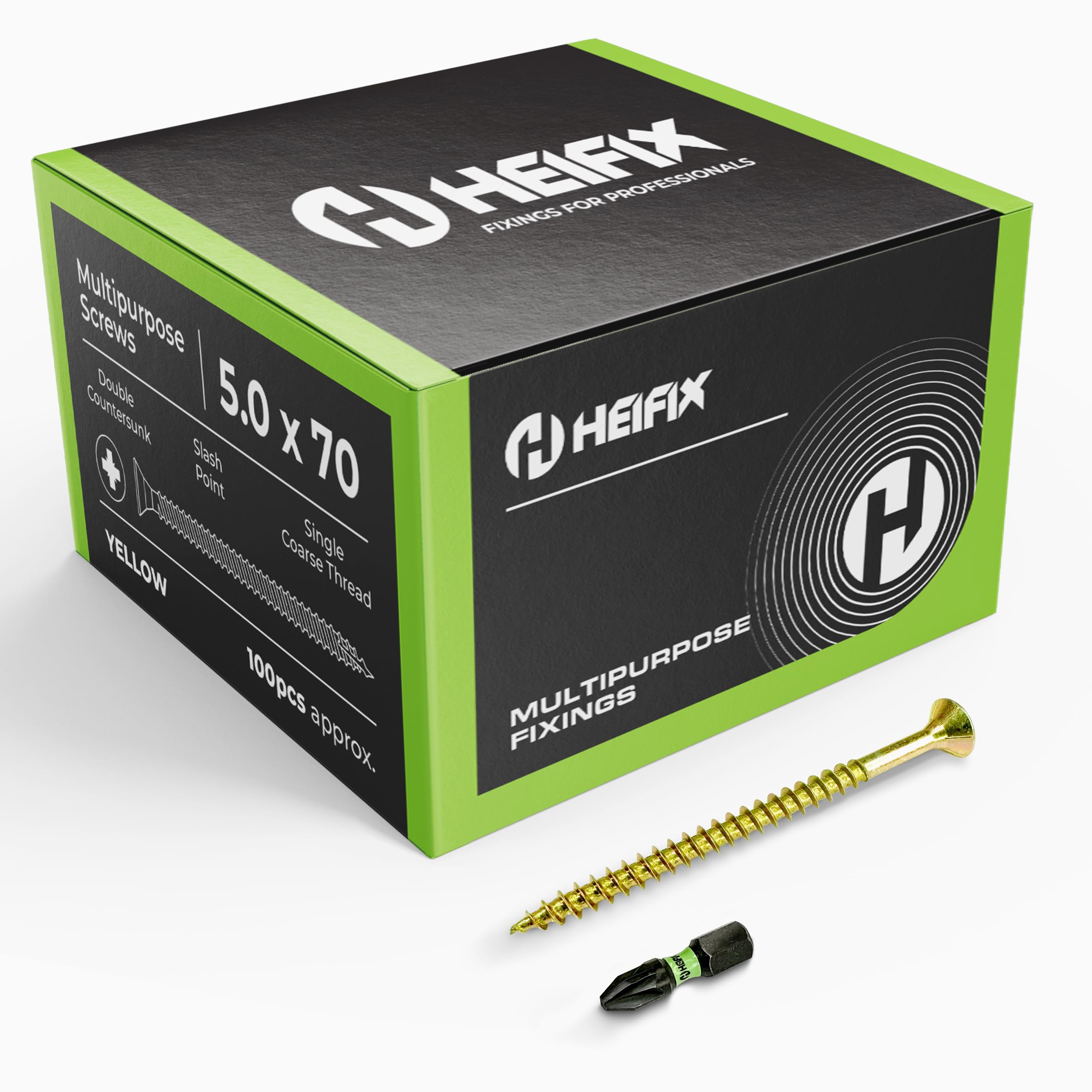 Heifix Multi-Purpose Wood Screws - FREE Screw Bit Included (QTY 100, 5mm x 70mm) Pozi Double Countersunk