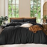 MooMee Bedding Duvet Cover Set 100% Washed Cotton Linen Like Textured Breathable Durable Soft Comfy (Solid Black, King 104"x90")
