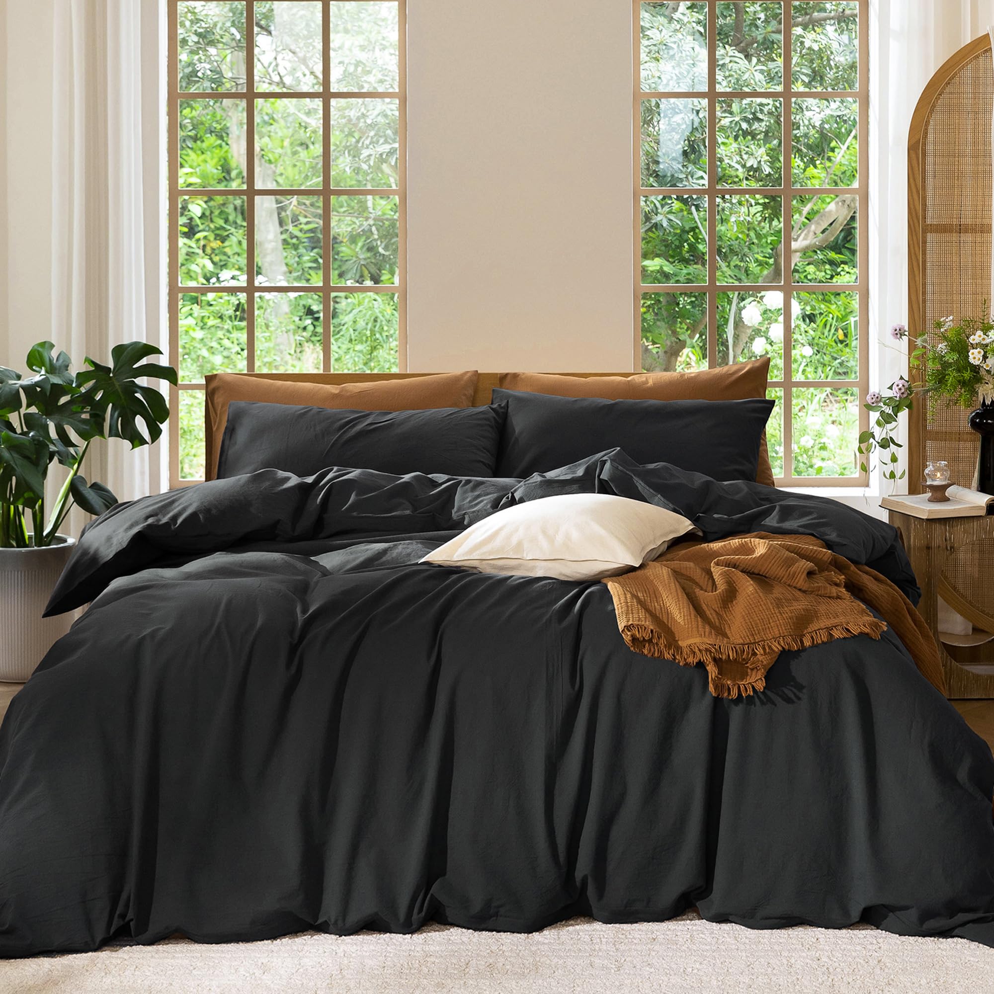 Photo 1 of MooMee Bedding Duvet Cover Set 100% Washed Cotton Linen Like Textured Breathable Durable Soft Comfy (Solid Black, King 104"x90")