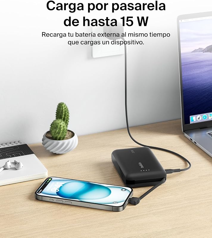 Bateria externa Belkin BoostCharge de 10.000 mAh, Power Bank portátil com cabo PD integrado (20 W), entrega de energia de carregamento rápido USB-C 10K, carregador móvel, preto