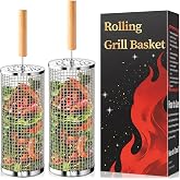 Rolling Grill Basket, Birthday Gift for Men, Removable Wooden Handle, 304 Stainless Steel, Nesting BBQ Tools for Vegetable, Outdoor Smoker Cooking Camping Accessories, Ideal Gifts for Men Dad Husband
