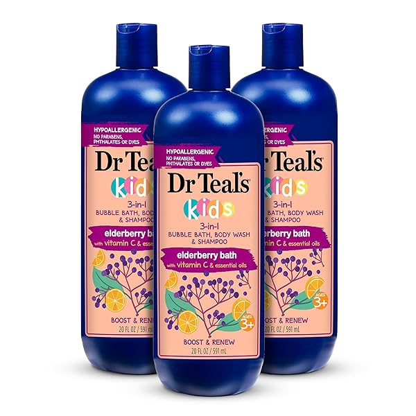 DR TEAL’S KIDS 3-IN-1 BUBBLE BATH, BODY WASH & SHAMPOO, BOOST & RENEW ELDERBERRY WITH VITAMIN C, 20 FL OZ. (PACK OF 3)