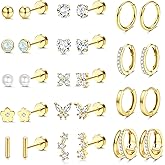 BESTEEL Hypoallergenic Flat Back Earrings - 14K Gold Plated Cartilage Earring Sets 20G Surgical Stainless Steel Earrings for Women Small Hoop Flatback Stud Earring Stacks Helix Conch Tragus Piercing Jewelry
