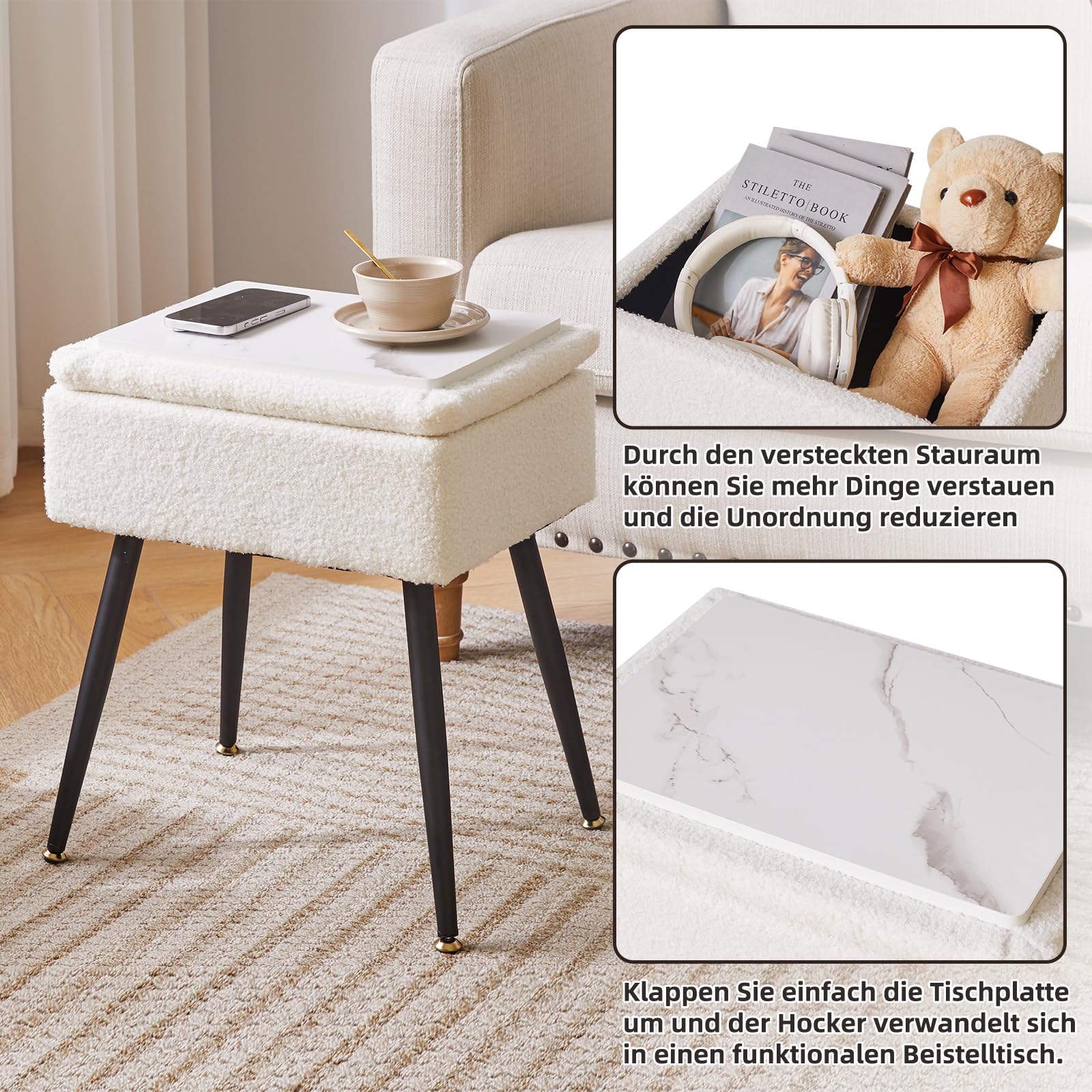 Aibiju Teddyfellimitat Hocker mit Stauraum, Rechteckiger Fußstützenstuhl Ottoman,Schminktischsitz, Kleiner Beistelltisch für Schminkzimmer, Schlafzimmer, Weiß YD-SMS137W 4