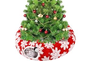 MEWTOGO Cat Tunnel Christmas Tree Skirt for 5-7.5ft Trees - Prevent Christmas Tree Falling, Snowflake Patterns Warm Soft Cat Tube Bed with Anti-Slip Mat