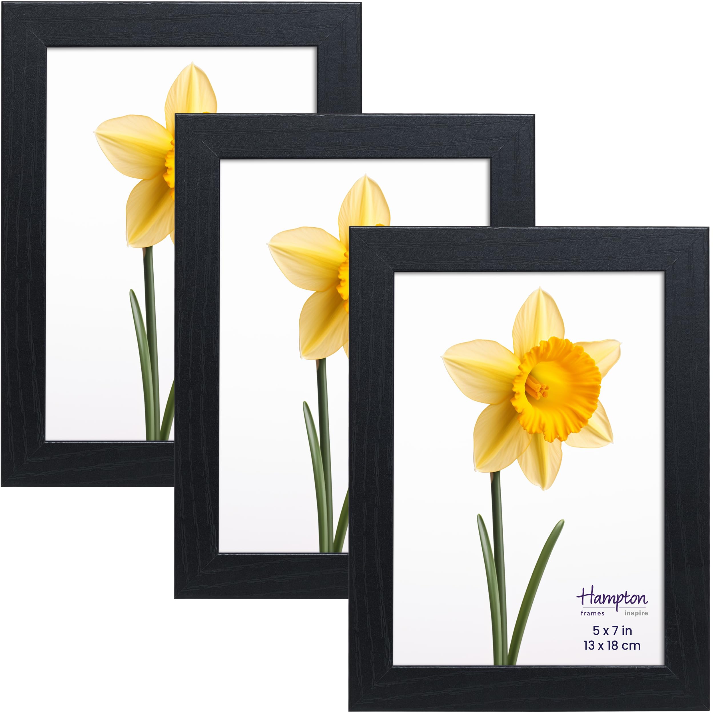 inspire by Hampton Frames | Photo Frame Set, CAMBRIDGE | 5x7 (13x18cm), Black, Engineered Wood, Pack of 3 | Acrylic Front, Freestanding or Wall Mount | Modern Home Décor Display