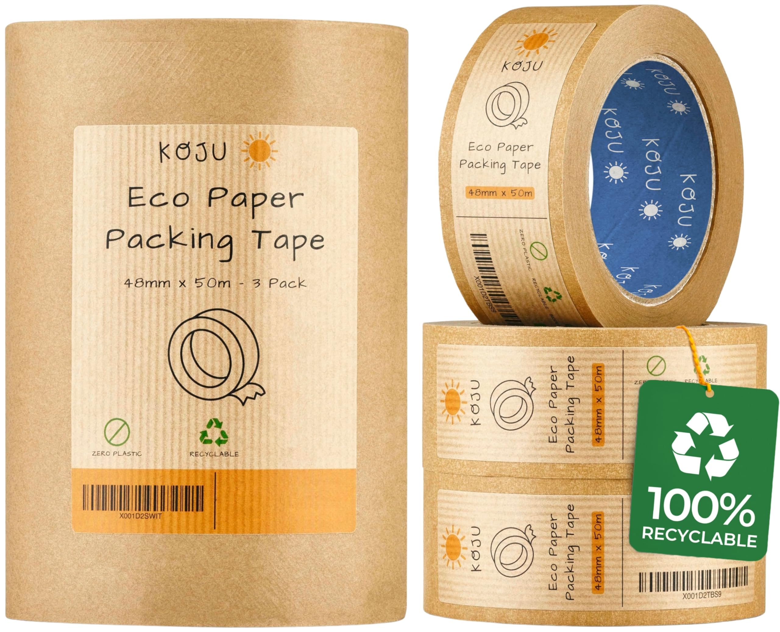 Koju Kraft Paper Packing Tape 48mm x 50m | 3 pack | Eco Friendly & Recyclable Brown Paper Tape for Parcel Packing & Picture Framing