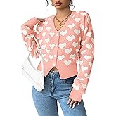 COCCKO Cardigan Sweaters for Women V Neck Heart Embroidery Long Sleeve Button Down Tops Cozy Knit Crop Cardigans