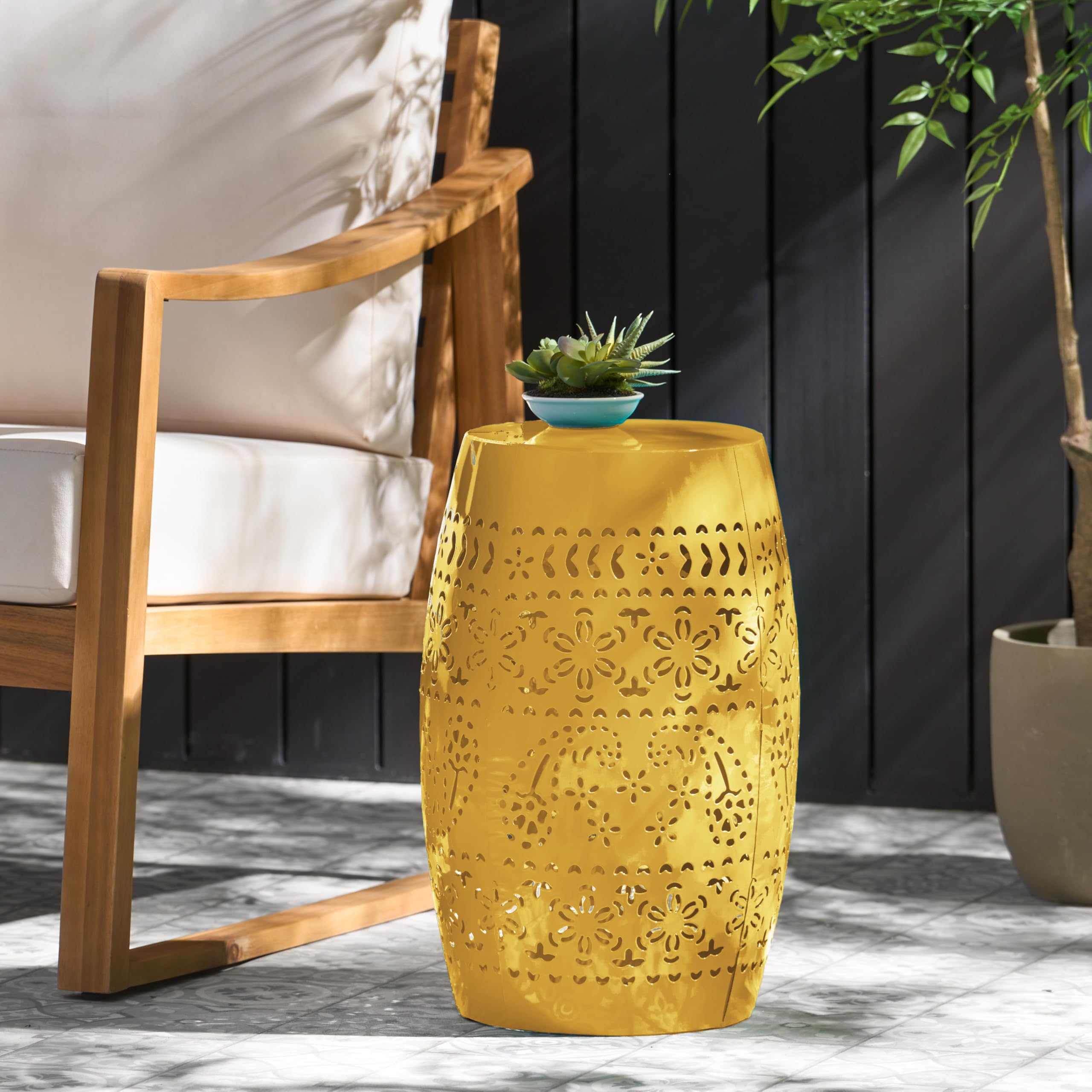 Christopher Knight Home Zoey Small Outdoor Side Table, Lace Cut Iron End Table, Metal Outdoor Stool, Hollow Drum Round Side Table, Decorative Garden Stool with Cutout Design for Patio Balcony, Yellow Image