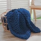 Bigacogo Chunky Knit Throw Blanket for Couch, 40x60 inches, 100% Hand Knitted with Thick Jumbo Chenille Yarn, Cozy Soft Large Rope Knot Cable Crochet Blankets for Sofa Bed Living Room, Navy Blue