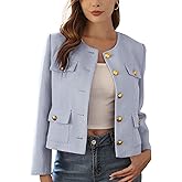 M.Infisavo 2026 Women Tweed Jacket Cropped Blazers Spring Elegant Round Neck Pockets Business Casual Outfit