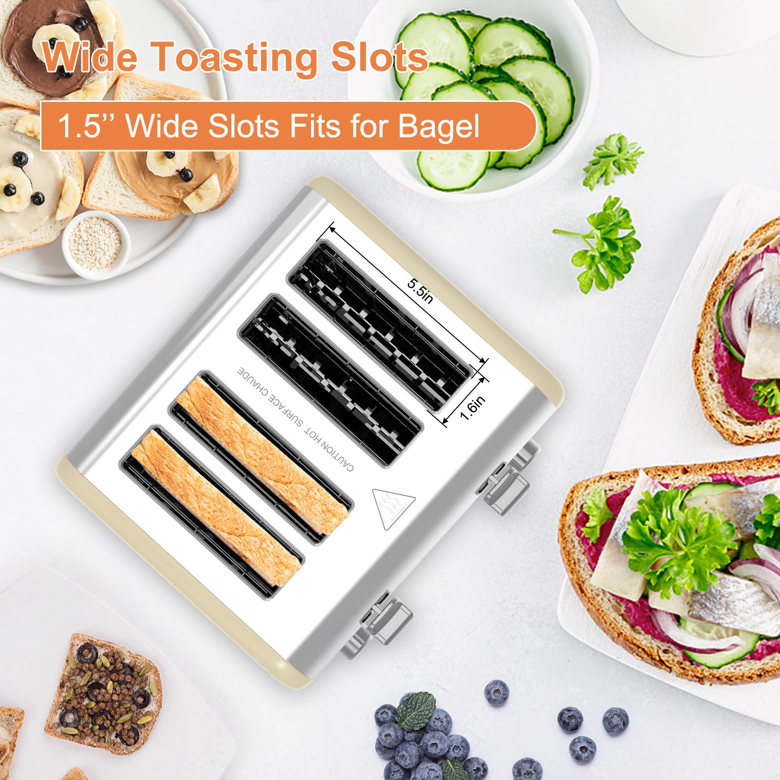 Tostadora de 4 rebanadas, Tostadora KitchMix Bagel de acero inoxidable con temporizador LCD, ranuras extra anchas, pantalla doble, bandeja para migas extraíble (crema)