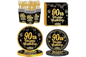 120Pcs 90th Birthday Party Supplies Plates Napkins Cups Forks Tableware Set Gold Black Happy 90th Birthday Themed Disposable 
