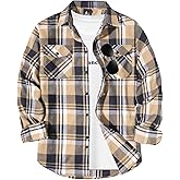 ZITY Men Plaid Flannel Shirts Long Sleeve Casual Button Down Collar Jackets for Men with Pockets