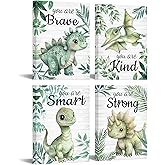 Artmyharbor Woodland Nursery Decor Sage Green Wall Art for Bedroom 4 Piece Wall Art Dinosaur Print