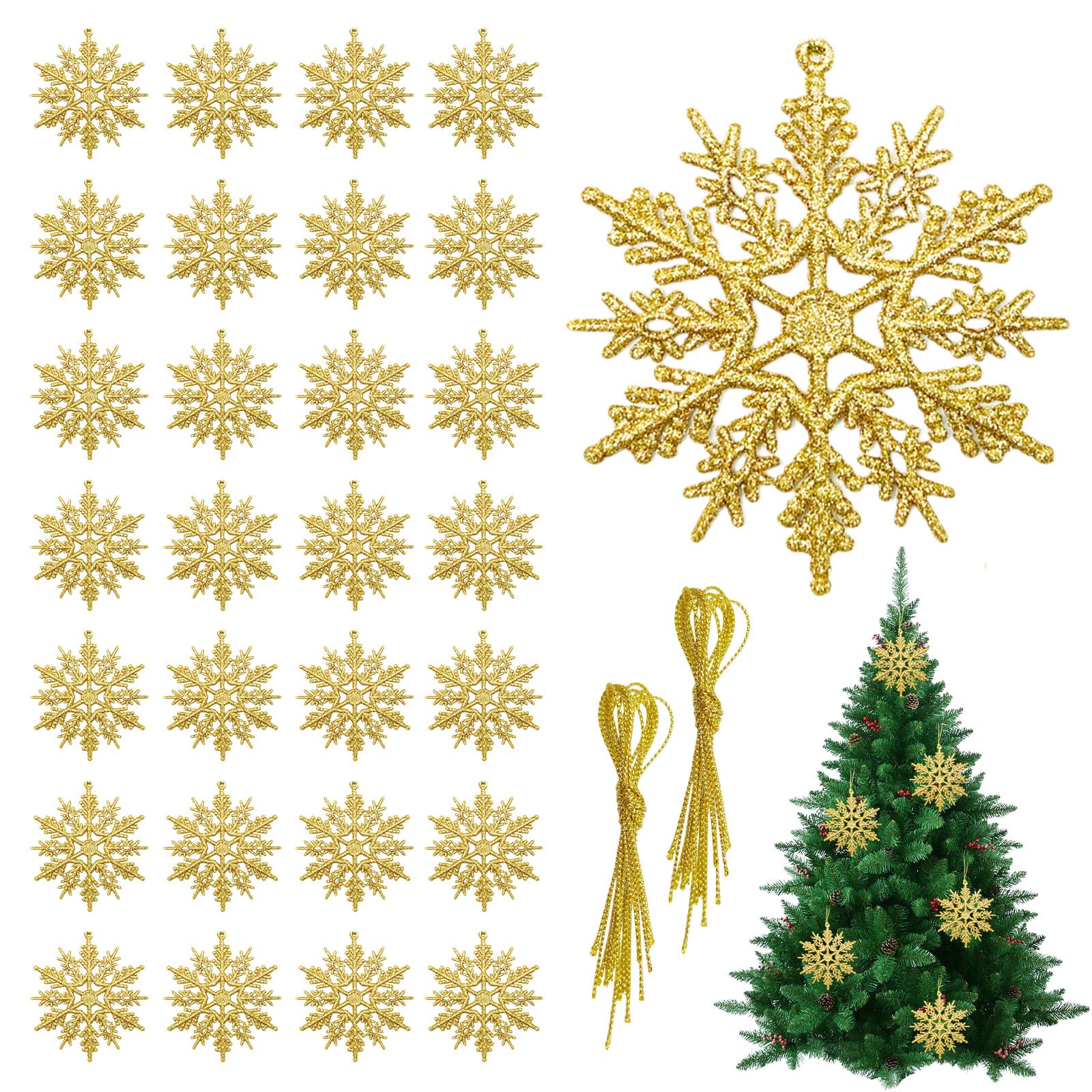 TUONYIS 24 Pcs Christmas Holiday Decorations, Gold Glitter Snowflake Ornaments, 10cm Trees Decorations for New Year Xmas Party