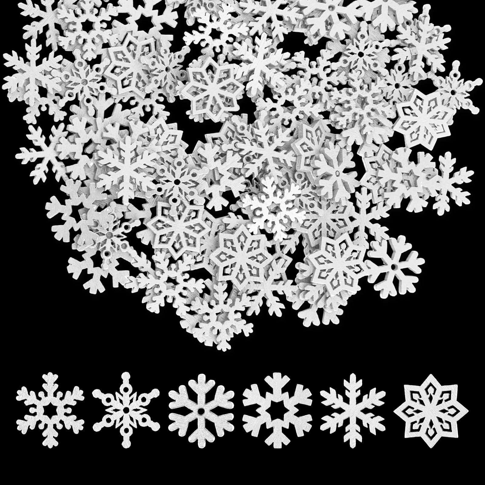 Photo 1 of 100pcs Mini Snowflake Ornaments, 0.9in Tiny Wooden Snowflakes Christmas Snowflake Decorations Snow Shaped Decors for DIY Craft Xmas Tree Winter Party Home Decoration (White)