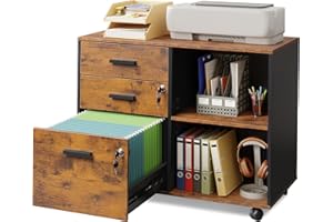 DEVAISE 3-Drawer Wood File Cabinet with Lock, Mobile Lateral Filing Cabinet, Printer Stand with Open Storage Shelves for Home Office, Rustic Brown
