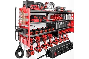 POKIPO Large Power Tool Organizer Wall Mount with Charging Station,4 Layer Heavy Duty Metal Tool Storage Shelf Loads 600lbs,Battery Utility Rack With 4 Outlet Power Strip with 8 Cordless Drill Holder