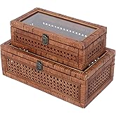 DECOR4SEASON Rattan and Cane Stacking Boxes with Glass Top Lid - Set of 2 11.8" and 14.1", for Boho and Rustic Farmhouse Deco