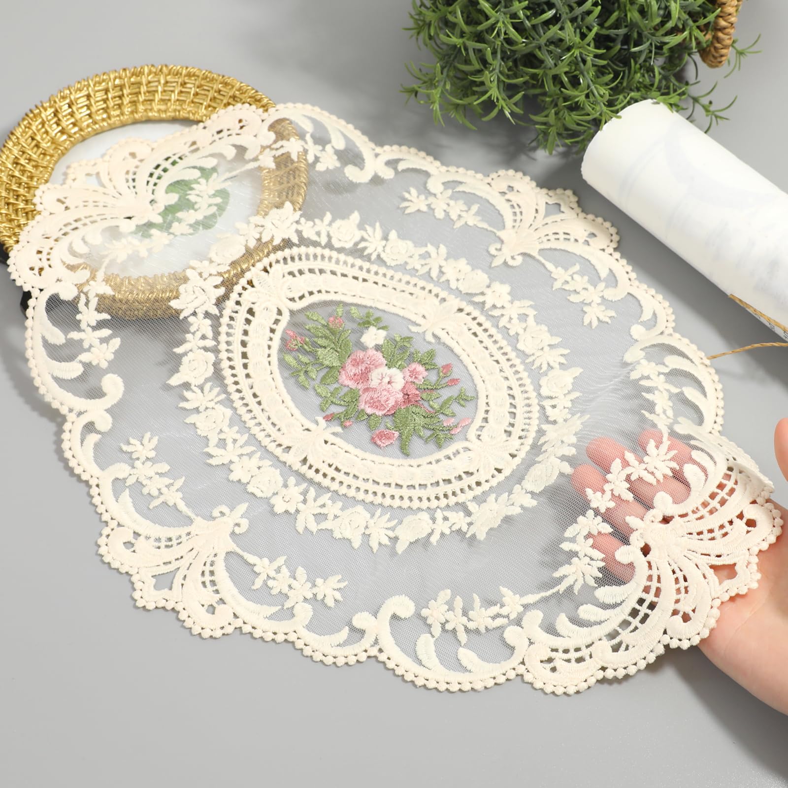 2 Pack Retro Lace French Crochet Doilies Table Mats Handmade Embroidered Farmhouse Placemats 12x16 inch Place Mats Cup Mat (Beige)