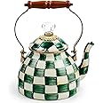 MACKENZIE-CHILDS Enamel Tea Kettle, Stylish Tea Kettle for Stovetop, Green-and-White Emerald Check, 2 Quarts