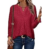 Simplee Womens Eyelet Dressy Blouses Tops Lace Casual Long Sleeve Hollow Out V Neck Fall Spring Boho Shirts