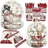 168PCS Christmas Snowman Party Supplies Winter Holiday Party Decorations Red Watercolor Xmas Pine Deer Tableware Paper Plate Cup Napkin Forks Knives Serves 24