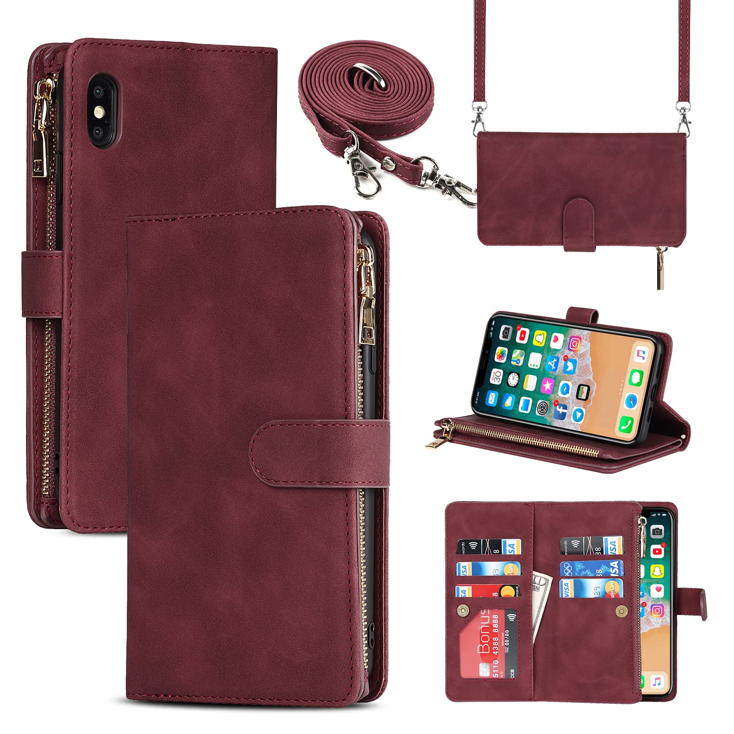 Cavor Crossbody iPhone XS Max Case With Card Holder With Strap,Flip Leather Wallet Case,[9 Card Holder] Zipper Detachable Lanyard Phone Case Cover for Women for iPhone XS Max - Red