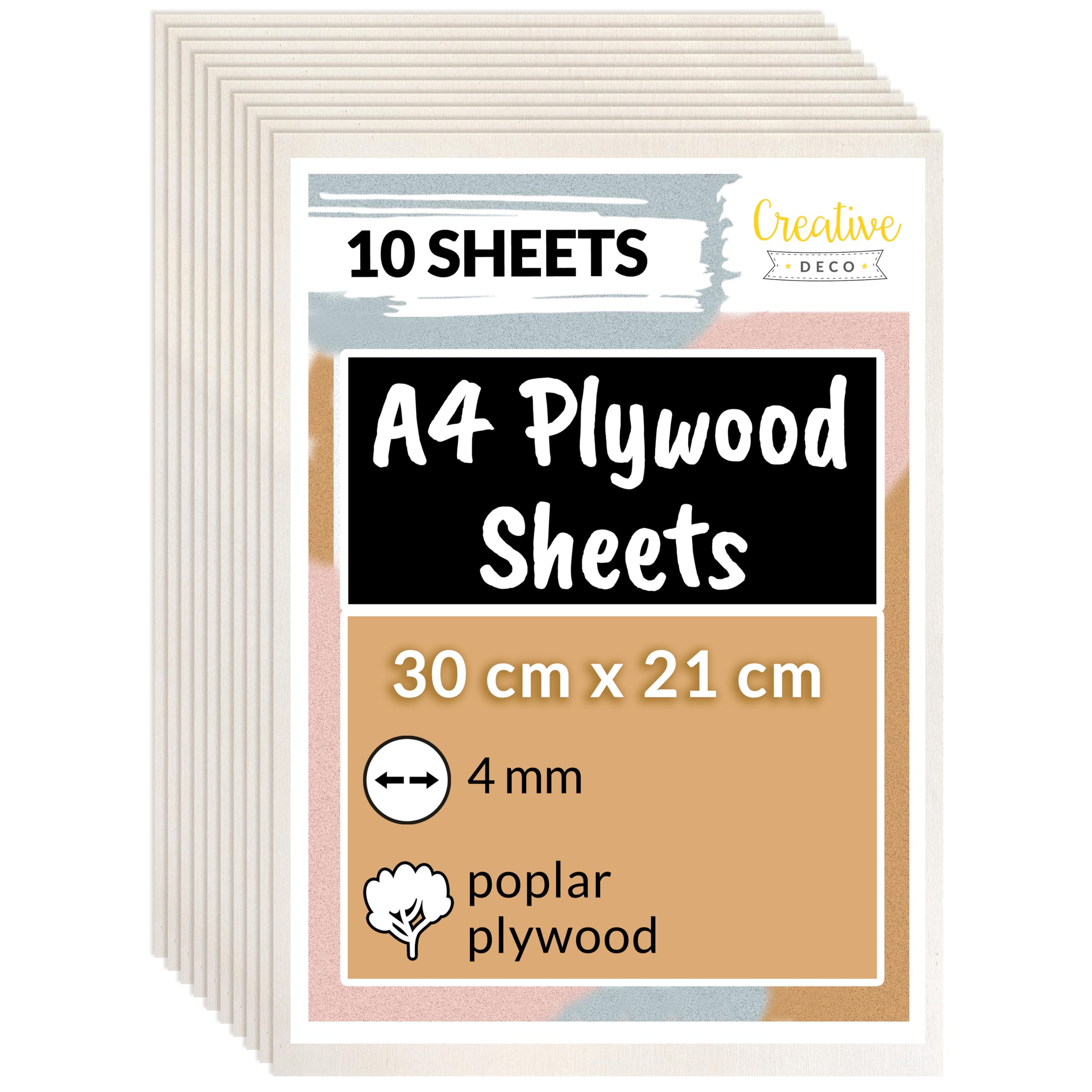 Creative Deco 10 x A4 Plywood Sheets | 300 x 210 x 4 mm (+/- 2mm) | Poplar Wood Ply | Perfect Board for Wood Board DIY Home Decor Arts Craft Painting Laser Cutting CNC Scroll Saw Stenciling Pyrography