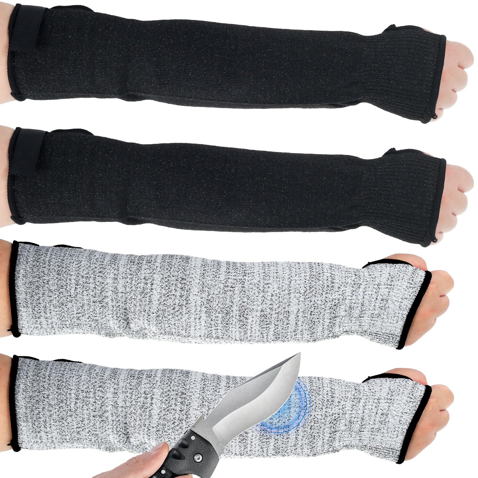 4Pcs Cut Resistant Sleeves with Thumb Hole, 45cm Arm Protection Sleeves Level 5 Protection, Heat Resistant Safety Arm Guard Anti Cut Sleeves Arm Protectors for Garden Kitchen Farm Work (Grey+Black)