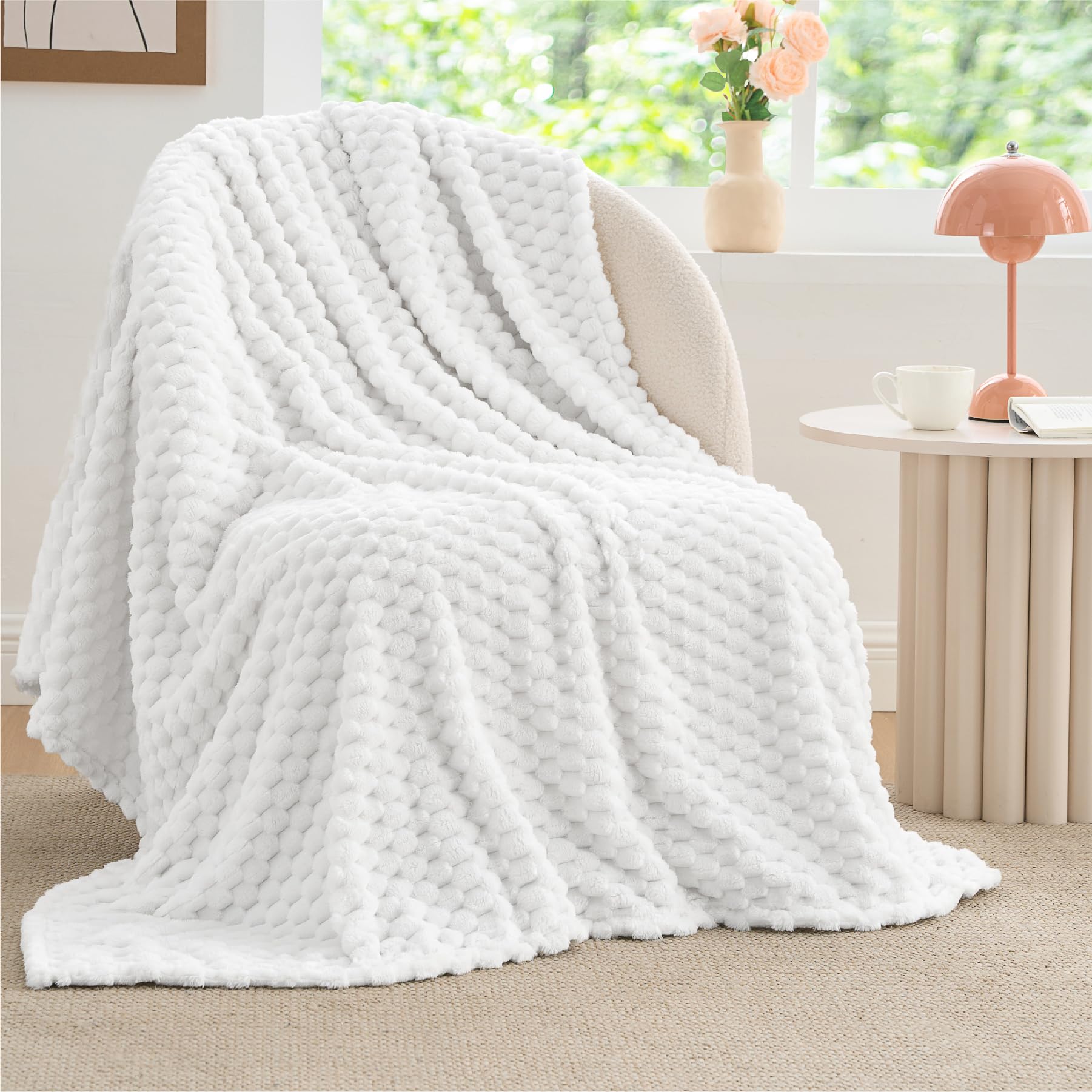 Photo 1 of BEDELITE Fleece Throw Blanket for Couch & Bed - 3D Jacquard Decorative White Blanket, Super Soft and Cozy Warm Fuzzy Blanket All Seasons Suitable, 50x60Inches