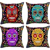 FARMNALL Dia De Los Muertos Sugar Skull Flower Cat Throw Pillow Covers 18x18 Set of 4 Day of The Dead Pillow Case Mexican Fiesta Party Decorations and Supplies