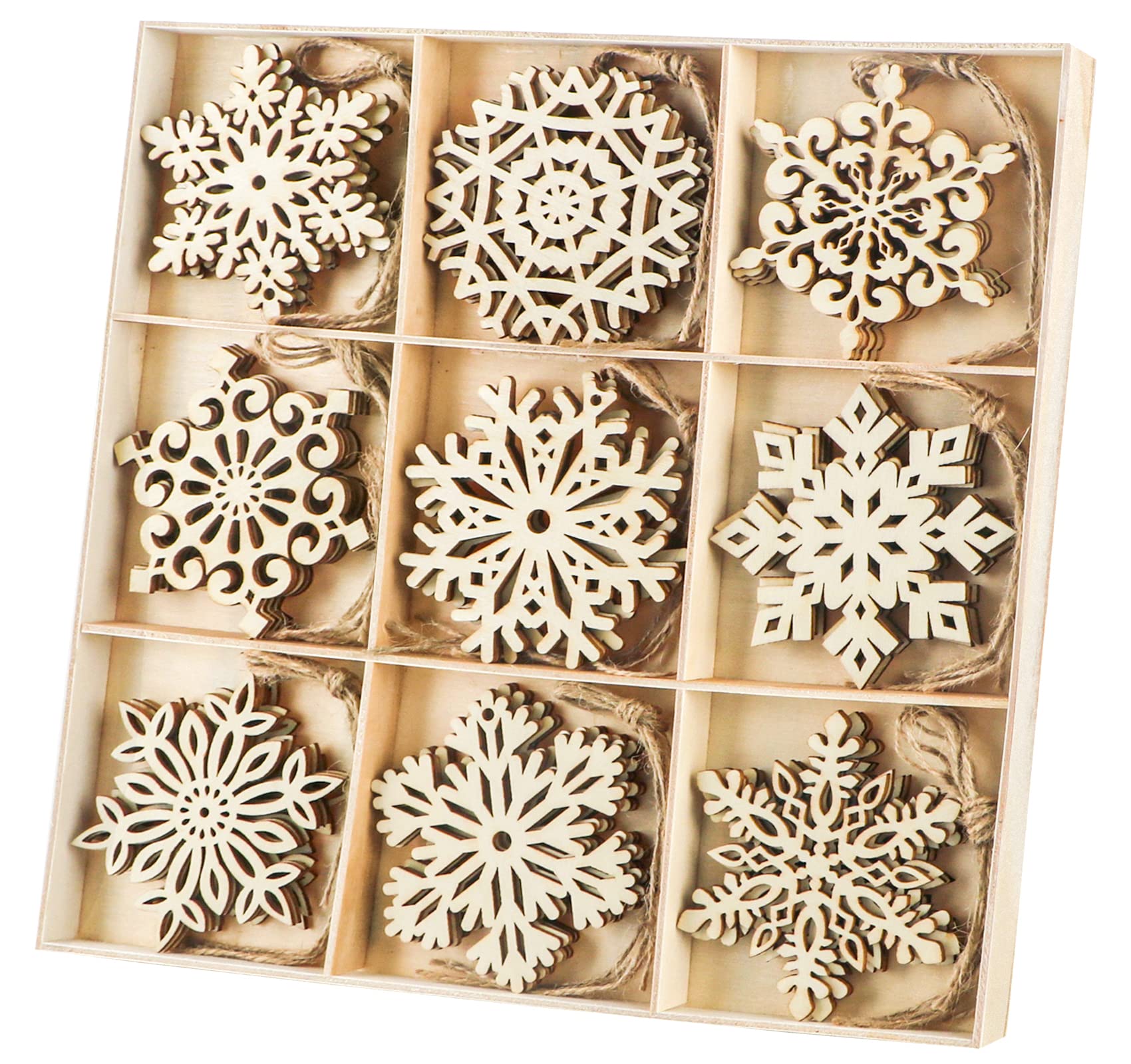 Binswloo Christmas Wooden Ornaments, Unfinished Wood Snowflakes Hanging Pendants with Strings for DIY Crafts Rustic Christmas Tree Decorations Wedding Party Decor (36 Pieces)