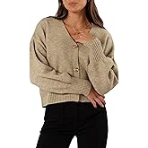 Balimtoy Womens V Neck Cropped Cardigan Lightweight Cute Puff Long Sleeve Button Up Relaxed Fit Fall Sweater Jacket