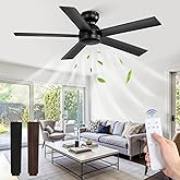 48 Inch Flush Mount Ceiling Fan no Light, Black Ceiling Fan with Remote, 6-Speeds, Quiet Reversible DC Motor, Indoor/Outdoor Ceiling Fans without Lights for Patio, Living Room, Bedroom
