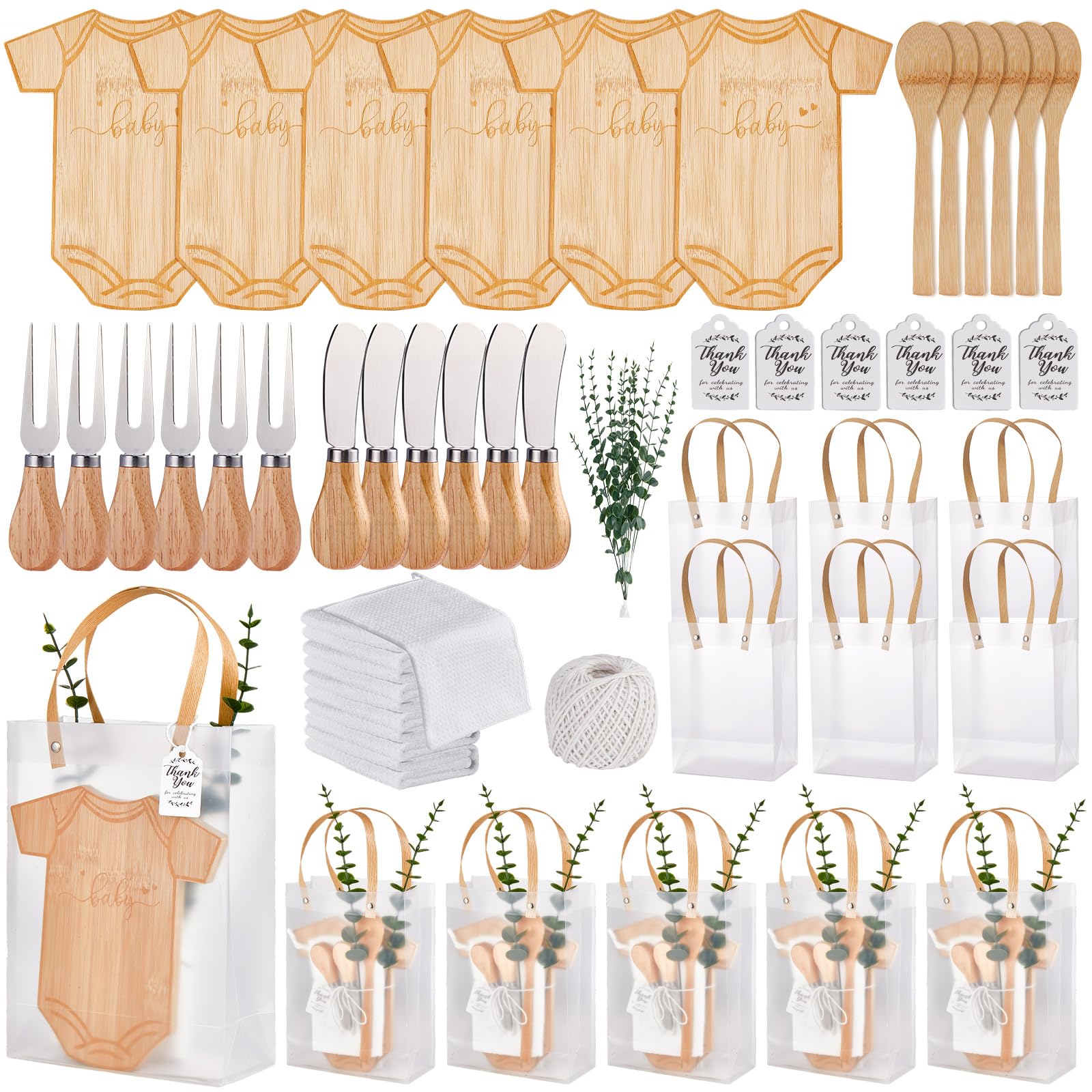 Photo 1 of 55Pcs Baby Shower Prizes for Game Winners 6 Sets Bodysuit Shaped Cheese Board Gift with Spoons Butter Spreaders Kitchen Towels Bridal Gift Bags Shower Party Favors for Guests (Bodysuit Shaped, 6 Sets)
