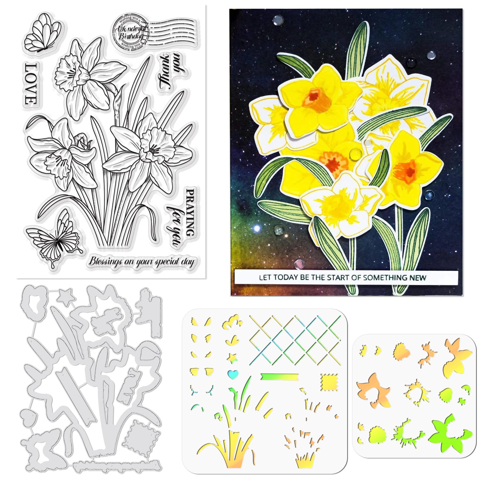 ORIGACH Realistic Daffodil Flower Stamps and Die and Layering Coloring Stencil Bundle for Card Making Album Arts Crafts Supplies