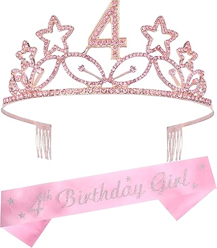 Amazon Co Jp 4歳の誕生日ティアラとサッシュピンク 4歳の誕生日プレゼント 女の子向け Happy 4歳の誕生日パーティー用品 4個の素敵なキラキラサテンサッシュ クリスタルティアラ誕生日クラウン 4歳の誕生日パーティー用品 ホーム キッチン