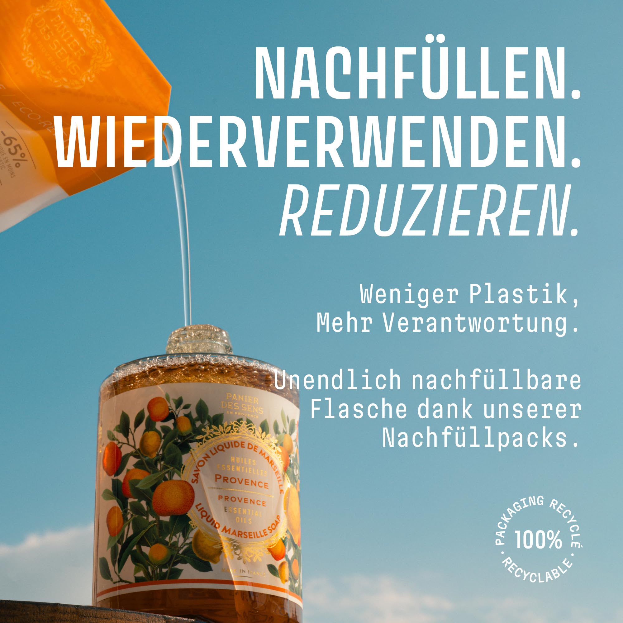 Panier des Sens Zitrusduft Provence Handseife flüssig 500ml - Savon de Marseille Seife - Feuchtigkeitsspendende Flüssigseife mit Kokosnussöl - mit 97 % natürliche Inhaltsstoffe - Nachfüllbare 6