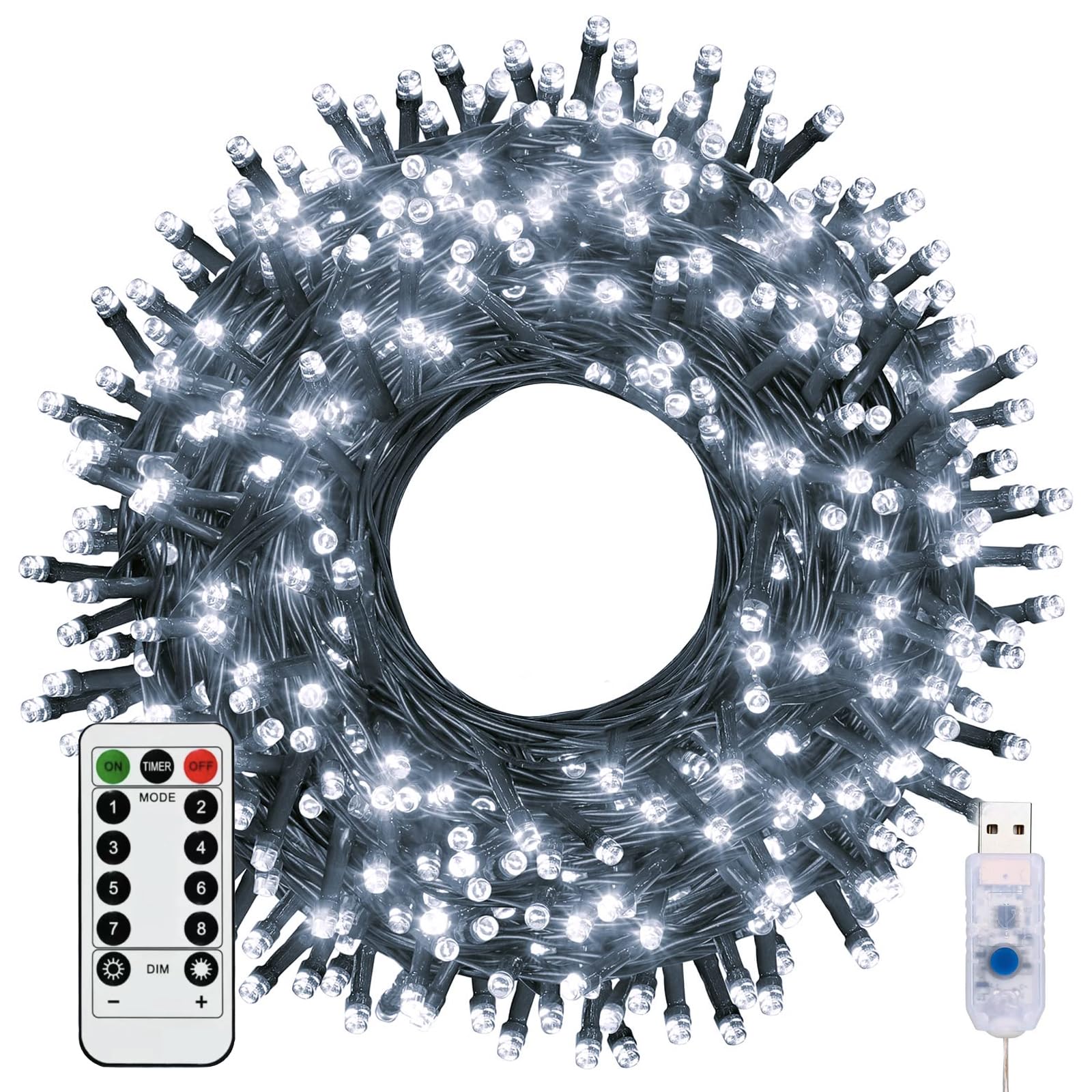 HIYAA Fairy Lights, USB String Lights, 20m 200 LEDs Copper Wire Light & Waterproof Outdoor Christmas Lights for Indoor Outdoor Lighting, Bedroom, Wedding Decor, Party, Christmas, Tree - White