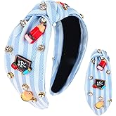 Esitrormi Teacher Headband for Women ABC Apple Pencil Blackboard Rhinestone Embellished Headband Wide Top Knot Blue Headbands Back To School Outfit Teacher School Hair Accessories for Women Girls