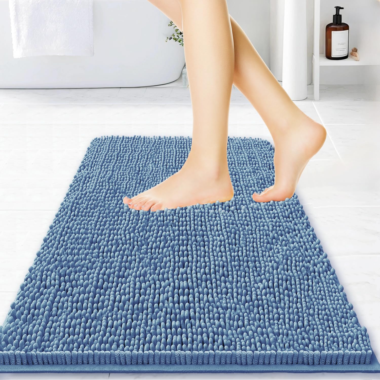 BOANKODU Bathroom Rugs 32x20, Extra Soft Absorbent Chenille Bath Rugs, PVC Backing Quick Dry, Machine Washable Bath Mats for Bathroom Floor, Tub and Shower, Home Decor Accessories,Fog Blue