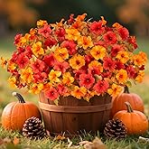 Ammyoo 8 Pcs Fake Fall Flowers Artificial Petunias for Outdoor Decorations, Faux Fall Flowers for Outside UV Resistant Realistic Plants for Garden Porch Patio Indoor Autumn Decor(Orange Yellow)
