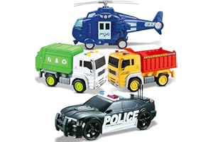 MOBIUS TOYS City Car Toy Playset of 4 Vehicles - Friction-Powered w/ Realistic Lights & Sounds - Includes Police Car, Garbage Truck, Construction Dump Truck & Helicopter - Toddler Boys Toy for Kids Ages 3-5