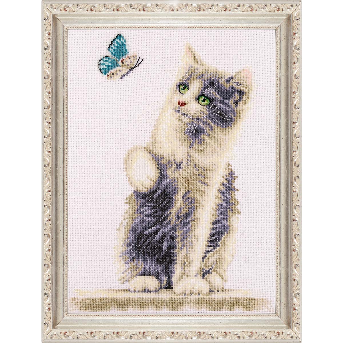DUTCH STITCH BROTHERS - Counted Cross Stitch Kit - DSB013A - Cat with Butterfly - White Aida - 13.4 x 9.5 Inch - DIY for Adults