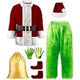 Jaaytct Halloween Costumes Adult Men Green Santa Costume, 8Pcs Furry Santa Suit Funny Christmas Santa Outfit