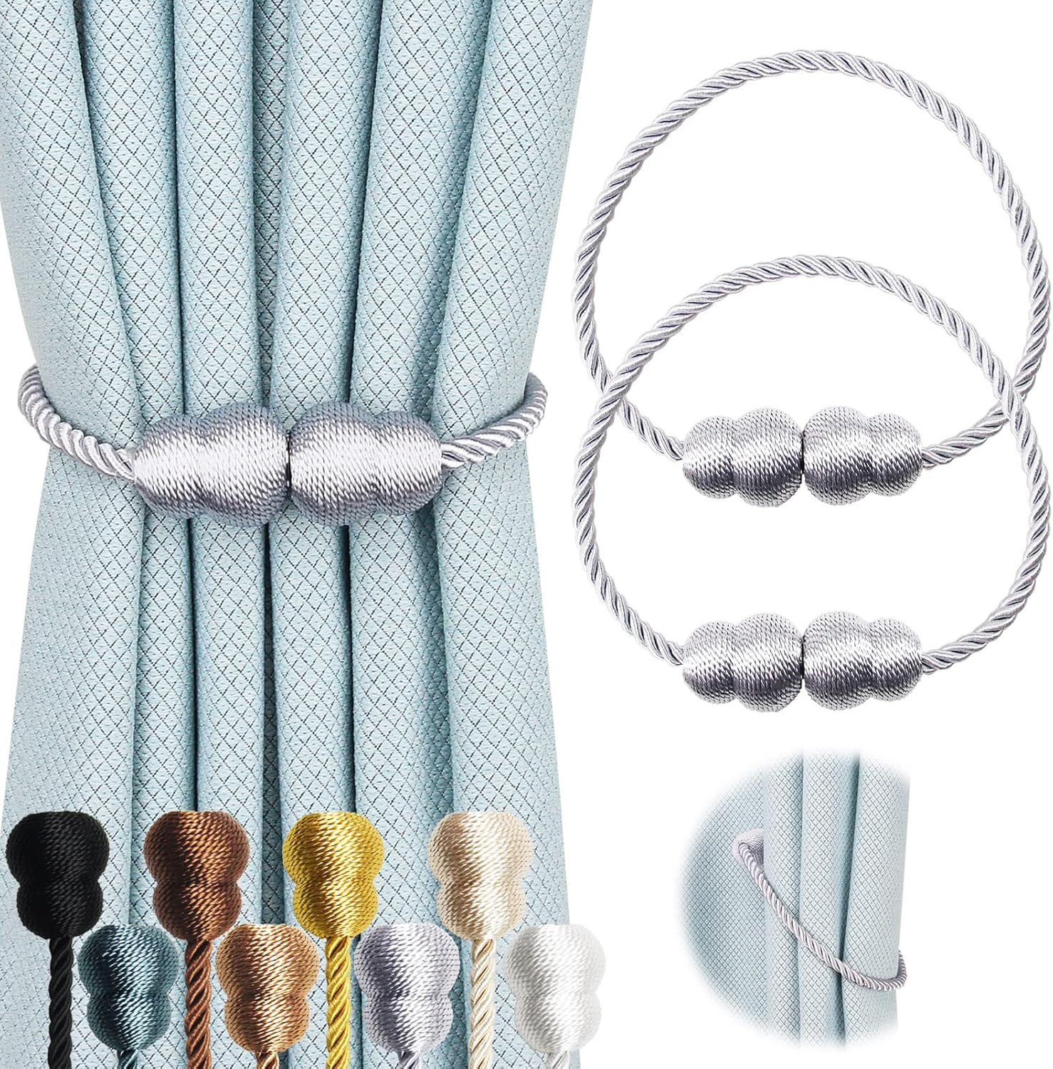 Window Treatment Hardware - Hangtty Magnetic Curtain Tiebacks 2 Pack Rope Decorative Curtain Tie Backs Elegant Curtain Holders for Drapes Outdoor Window Treatment Holdbacks, Grey