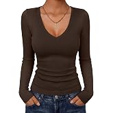 ANRABESS Women's Long Sleeve Deep V Neck Tops Dressy Casual Shirts | Fall Business Work Blouse, Basic Tee Shirt, Slim Fit, Stretchy Soft Ribbed Knit Fabric, Winter Layer Vacation &amp;Every Day Wear